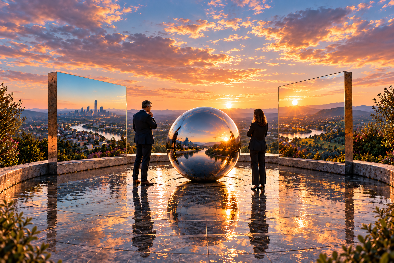 Conceptual illustration of two people exploring different perspectives beside a reflective sphere.