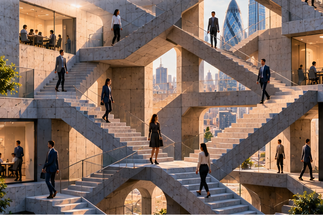 Conceptual illustration of businesspeople navigating intersecting staircases.