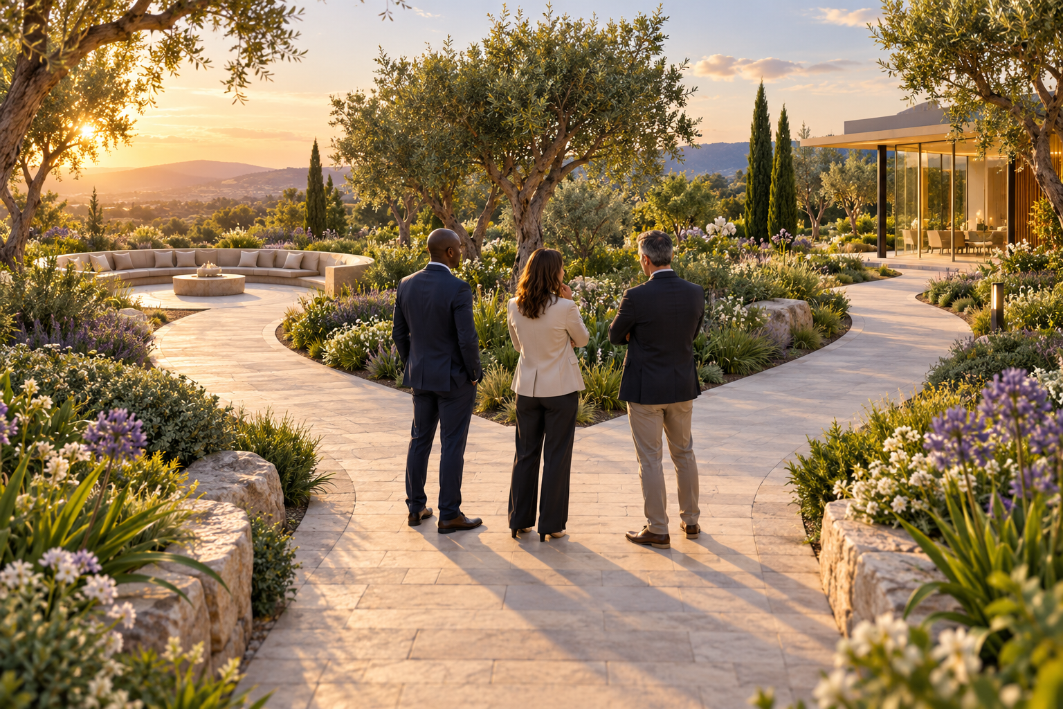 Three colleagues pause where a garden path branches towards a seating area and an office pavilion.
