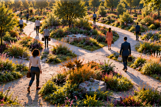 Conceptual illustration of people following different paths through a sunlit garden.